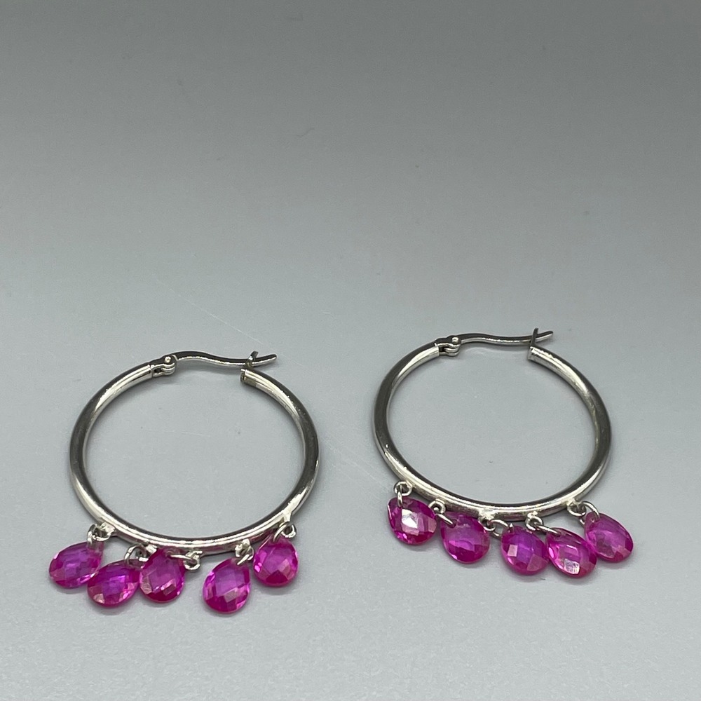 Sterling Silver 925 Pink Teardrop Charm Hoop Earrings Magentaโ Briolette Boho